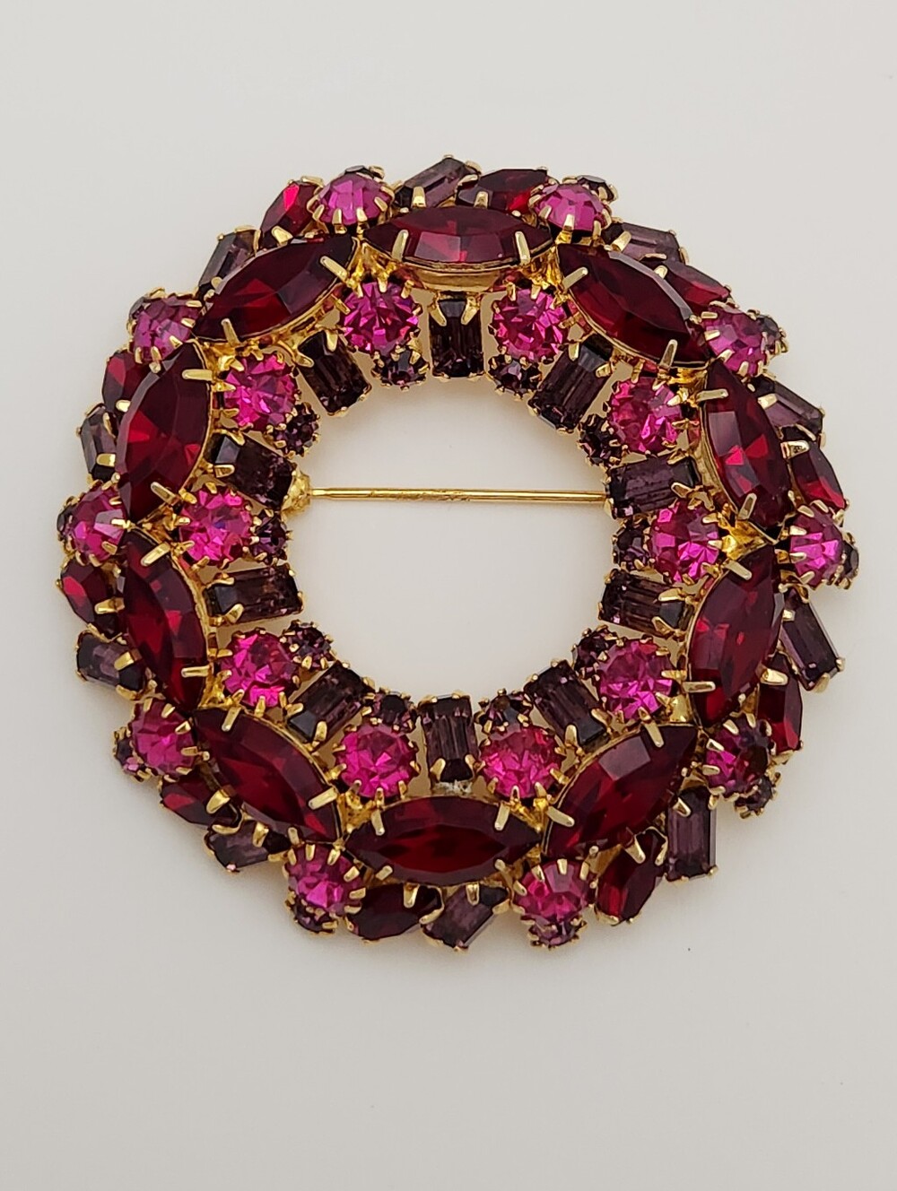 Castlecliff Rhinestone Circle Wreath Brooch Pin Red Pink Purple Vintage Jewelry